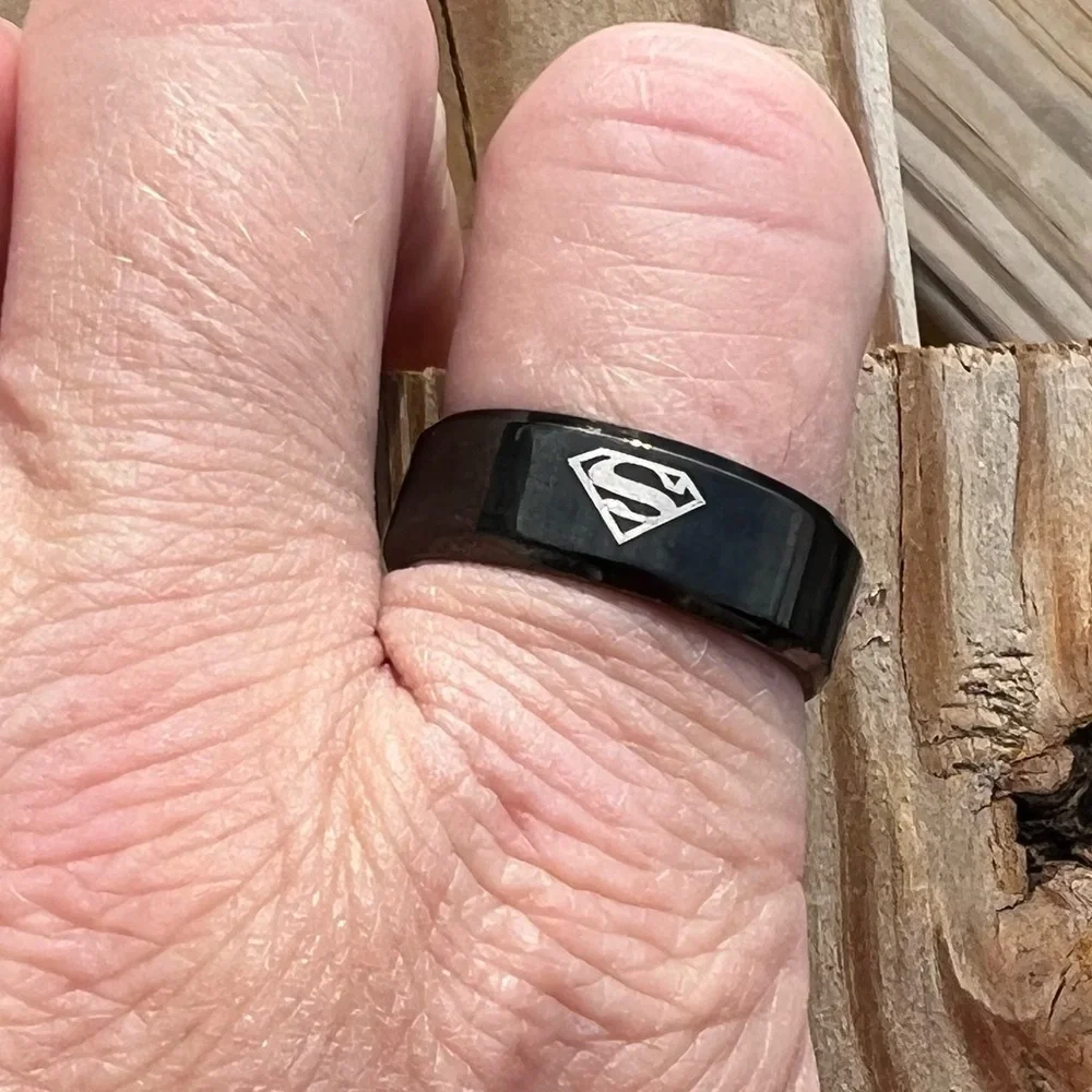 - Superman Sz 10.5 Black Stainless Steel Band Ring! NEW!